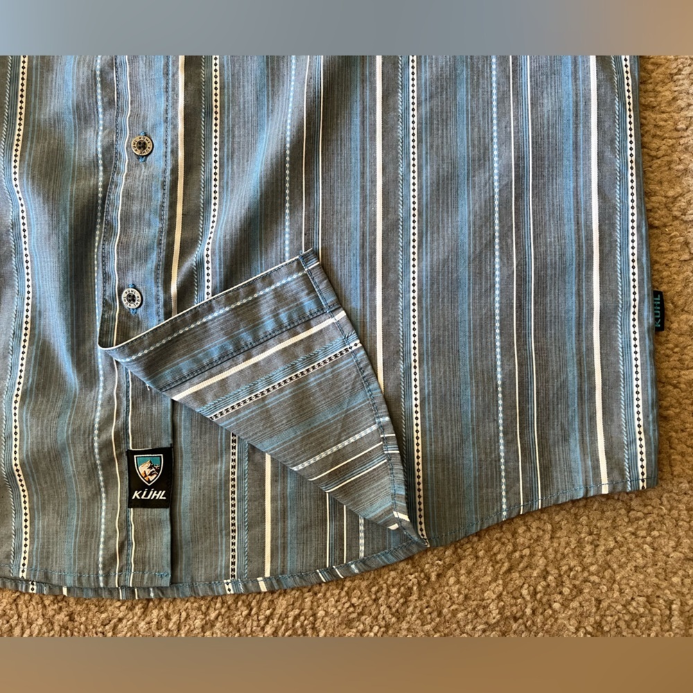 Kuhl Suncel Blue Striped Button Down Cotton Blend Shirt Mens Medium Short Sleeve - Picture 7 of 15